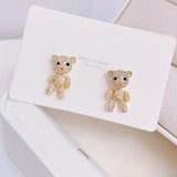 14K Real Inlaid CZ Tiny Bear Earring Studs