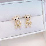 14K Real Inlaid CZ Tiny Bear Earring Studs