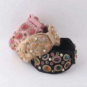 Crystal Stone Pearl Headband Wide Cloth Hair Accessory for Prom