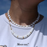 Heart Star Choker Necklace Mother of Pearl Beads Stainless Steel