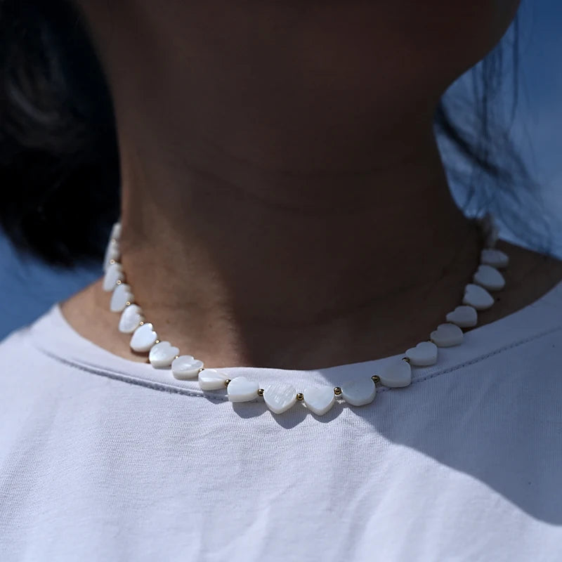 Heart Star Choker Necklace Mother of Pearl Beads Stainless Steel