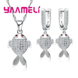 925 Sterling Silver Hollow Fish Pendant Necklace Earring Set