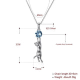 Sterling Silver 925 Kitty Cat Chasing Crystals Ball Pendant Necklaces