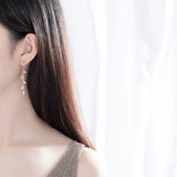 Leaf Zircon Long Tassel Stud Earrings 925 Sterling Silver Girlfriends Gift