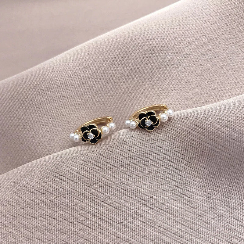 Mini Camellia Pearls Hoop Earrings Women Young Girls Round Party Jewelry