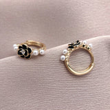Mini Camellia Pearls Hoop Earrings Women Young Girls Round Party Jewelry