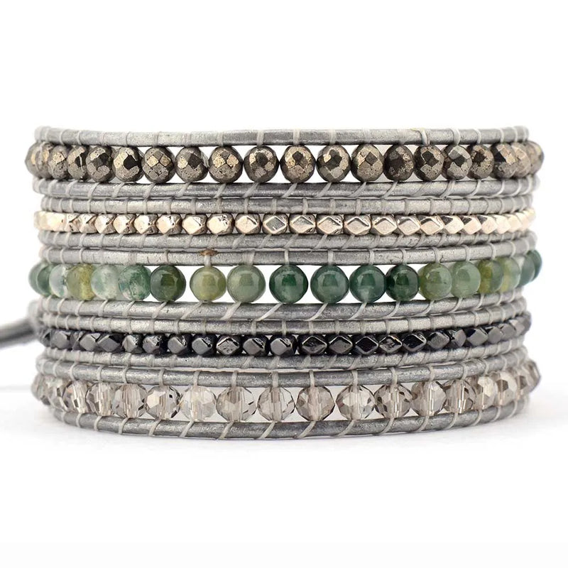 5 Layered Leather Wrap Bracelets with Mixed Natural Stones Crystals