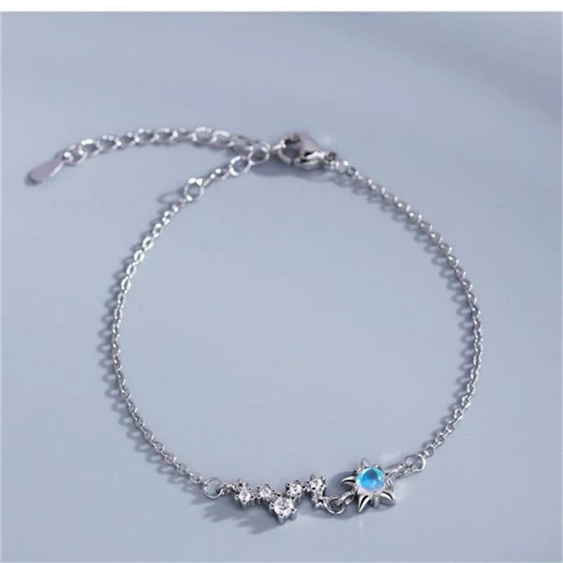 Moonstone Star Moon Bracelet 925 Sterling Silver Chain Women Jewelry