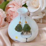 Nephrite Buddha Earrings 925 Sterling Silver Women Luck Jewelry