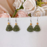 Nephrite Buddha Earrings 925 Sterling Silver Women Luck Jewelry