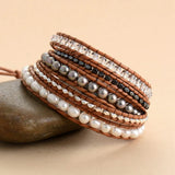 5 Layered Leather Wrap Bracelet with Pearls Weaving