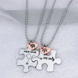 Puzzle Matching Couple Necklace Engraved, Her One His Puzzle Necklace Gift