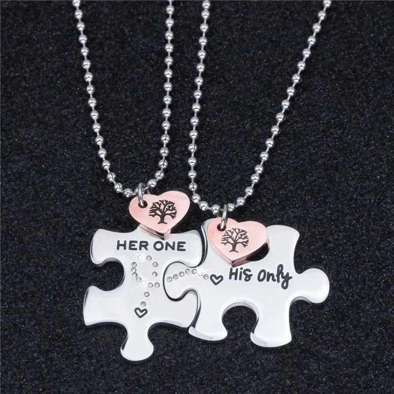 Puzzle Matching Couple Necklace Engraved, Her One His Puzzle Necklace Gift
