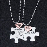 Puzzle Matching Couple Necklace Engraved, Her One His Puzzle Necklace Gift