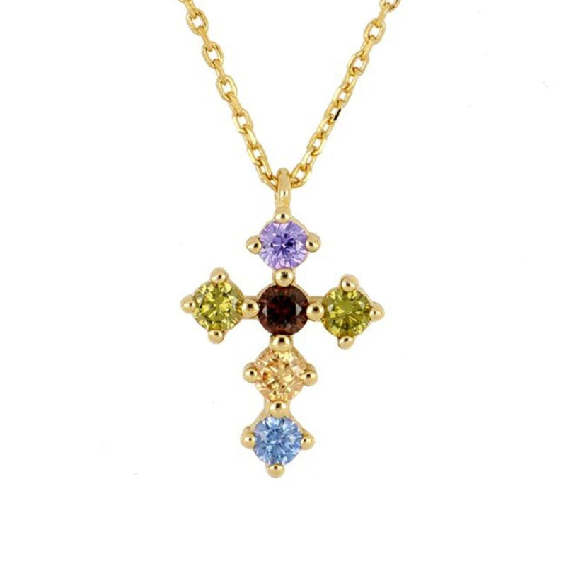 Rainbow Cross Crystal Necklace 925 Silver CZ Necklace Jewelry for Women