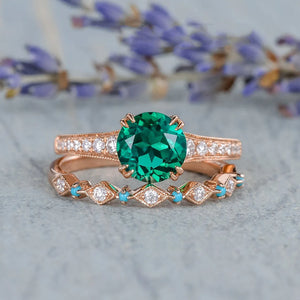 Rose Green Gems Bridal Ring Set Zircon Wedding Ring Set