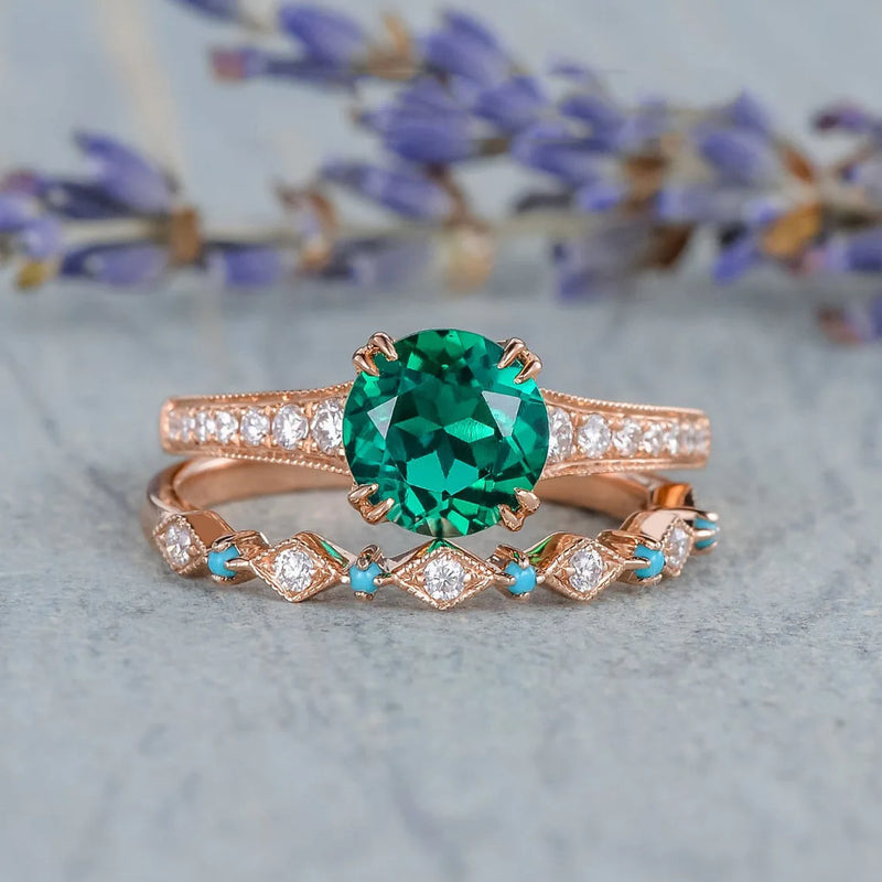 Rose Green Gems Bridal Ring Set Zircon Wedding Ring Set