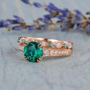 Rose Green Gems Bridal Ring Set Round Cut Crystal Zircon Women Engagement Jewelr