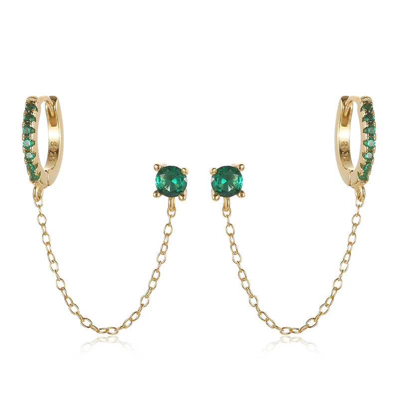 Zircon Tassel Chain Earrings 925 Sterling Silver Double Ear Studs for Women