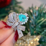 Paraiba Tourmaline Bowknot Open Rings Silver Wedding Engagement Bridal Ring