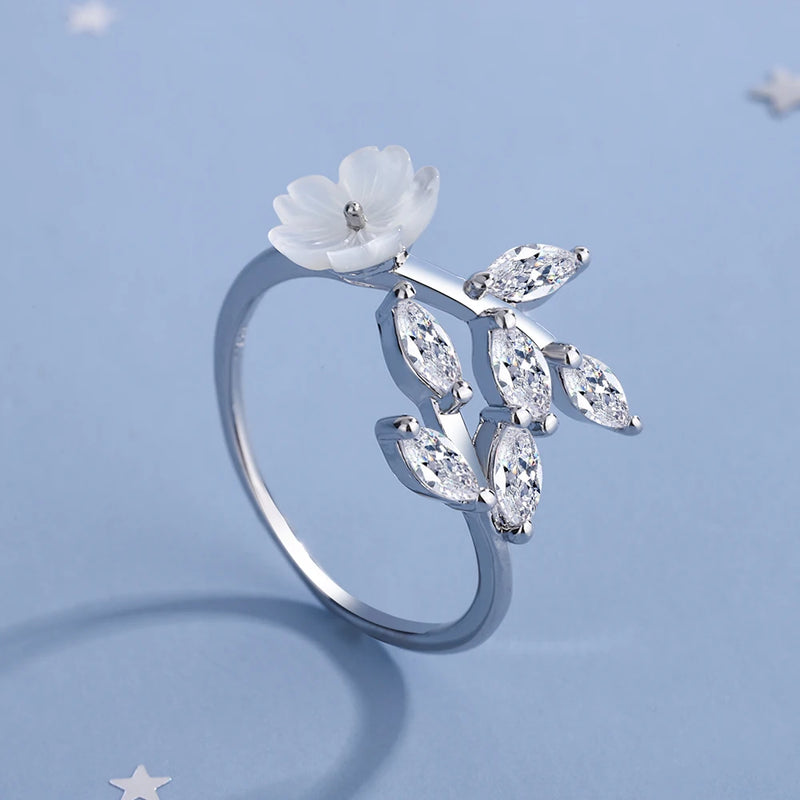 Shell Pearl Flower Ring 925 Silver Stackable Finger Rings J6164