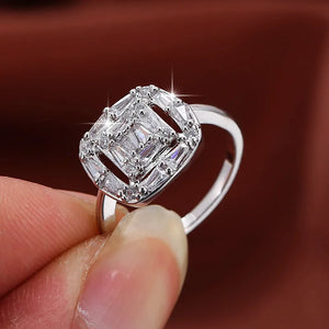 Silver Plated CZ Engagement Ring Hollow Square Bridal Wedding Band