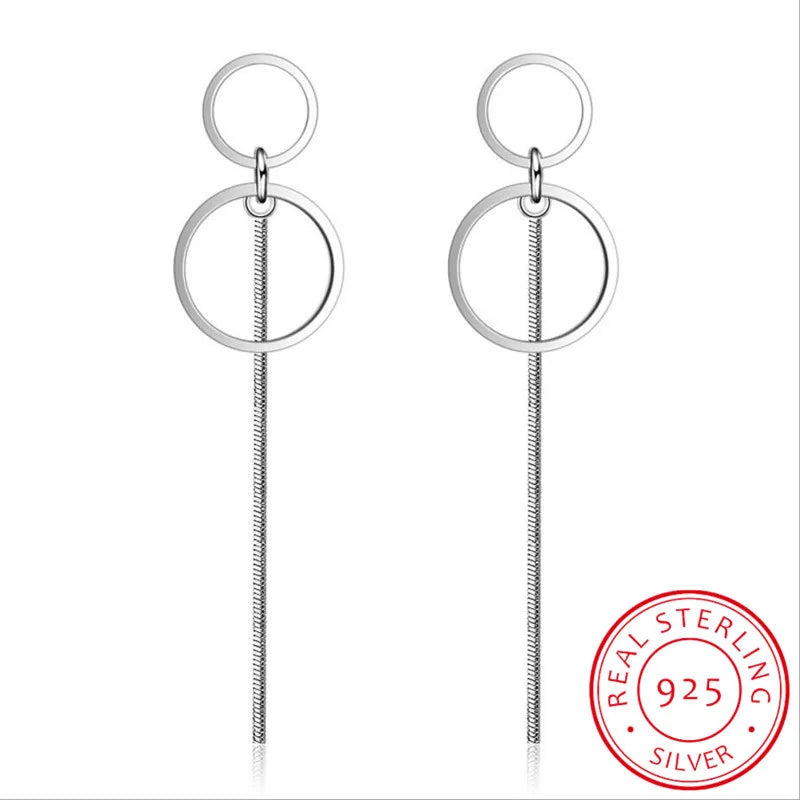 925 Stamp Silver Circle Tassel Long Earrings Ear Line Women Jewelry
