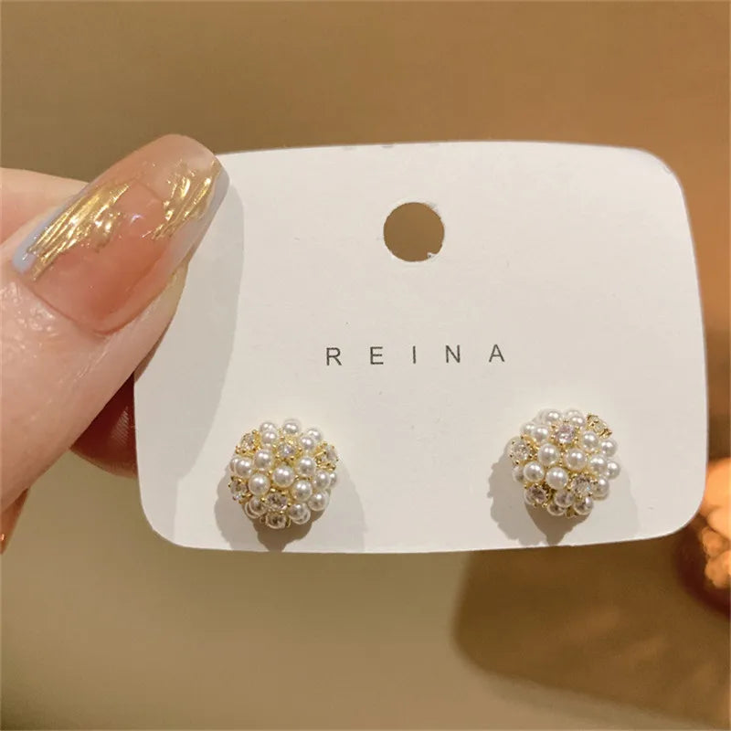 Inlaid Pearl Stud Earrings Zircon Woman Ear Studs