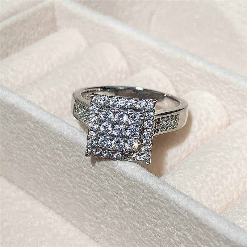 Silver CZ Square Wedding Ring for Women Lady's Bands