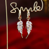 14K Tiny Rhinestone Leaf Drop Earrings for Women