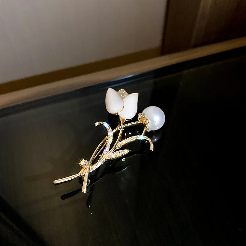 Tiny Tulip Rose Brooch 14K Zircon Flower Jewelry Pendant