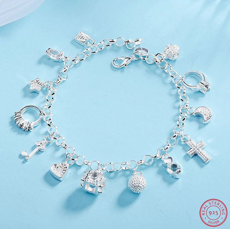 925 Silver Charming Bracelet Pendants: Cross, Moon, Heart, Clock