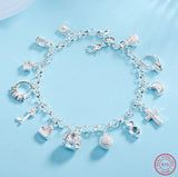 925 Silver Charming Bracelet Pendants: Cross, Moon, Heart, Clock