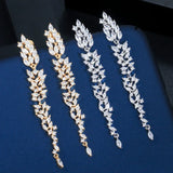 Wedding Leaf Dangle Drop Earrings Cubic Zirconia Brincos