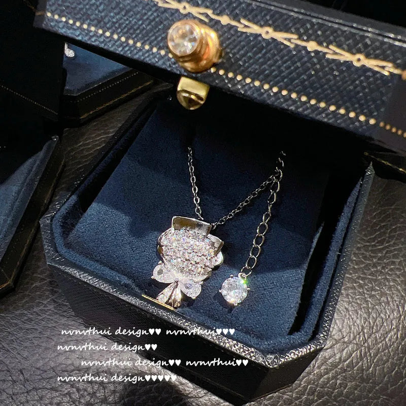 925 Stamp Flower Pendant Necklace Cubic Zirconia Sweater Necklace