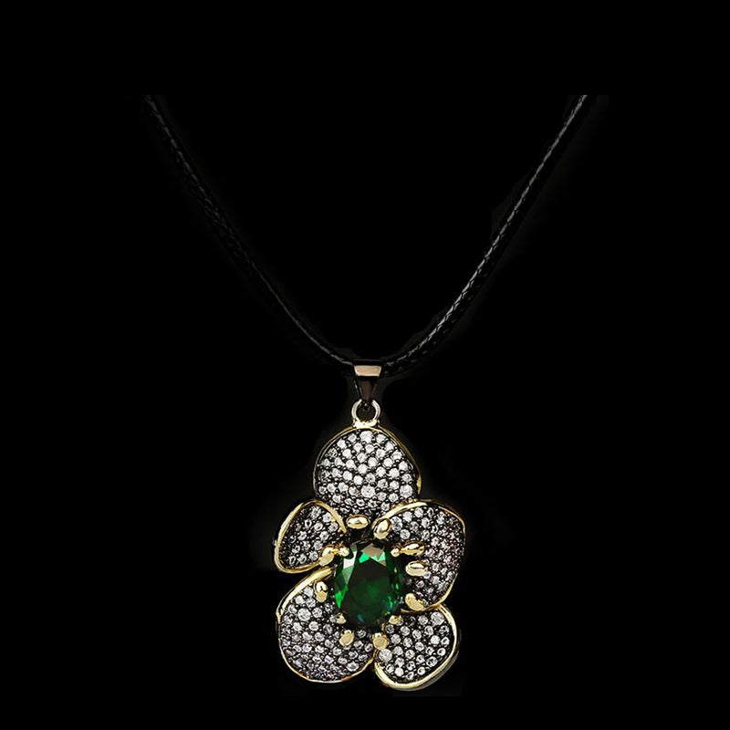 Flower Pendant Green Zircon Necklace Two-tone Sweater Chain Wedding Jewelry