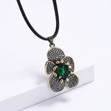 Flower Pendant Green Zircon Necklace Two-tone Sweater Chain Wedding Jewelry