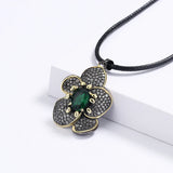 Flower Pendant Green Zircon Necklace Two-tone Sweater Chain Wedding Jewelry
