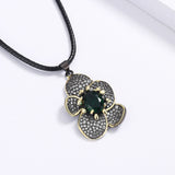 Flower Pendant Green Zircon Necklace Two-tone Sweater Chain Wedding Jewelry