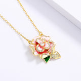 Pink Enamel Flower Pendant Necklace - Women's Party Jewelry