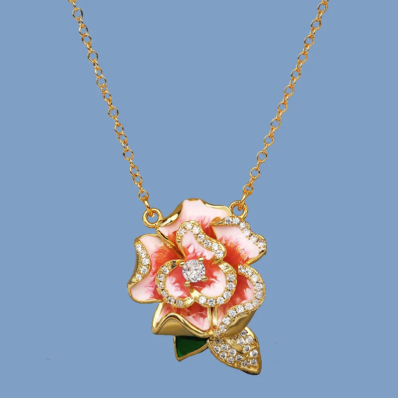 Pink Enamel Flower Pendant Necklace - Women's Party Jewelry