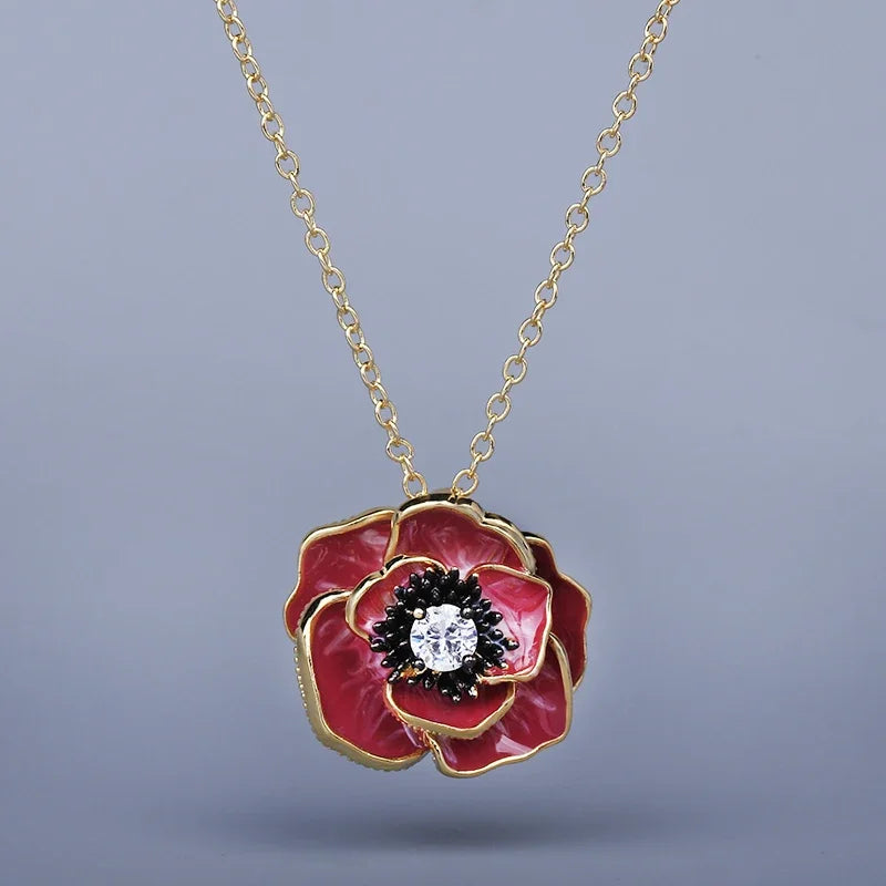 Red Epoxy Flower 925 Silver Necklace