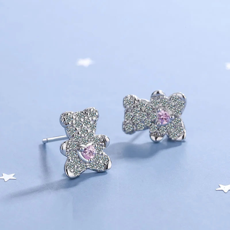 Zircon Cartoon Animal Earrings Little Bear Necklace Jewelry Set
