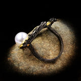 Leaf Shape Hollow Ring with Freshwater Pearl 925 Silver