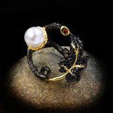 Leaf Shape Hollow Ring with Freshwater Pearl 925 Silver