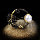 Leaf Shape Hollow Ring with Freshwater Pearl 925 Silver