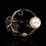 Leaf Shape Hollow Ring with Freshwater Pearl 925 Silver