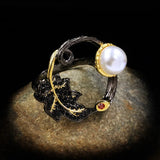 Leaf Shape Hollow Ring with Freshwater Pearl 925 Silver