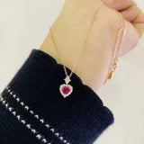 Golden Women's Necklace Red Crystal Heart Pendant 925 Silver Jewelry