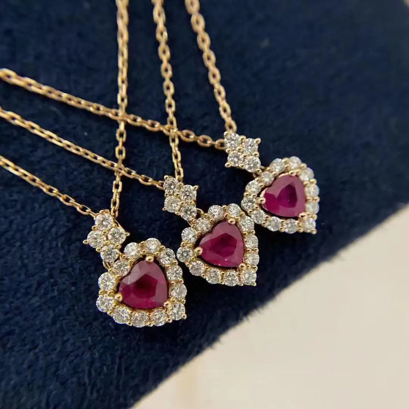 Golden Women's Necklace Red Crystal Heart Pendant 925 Silver Jewelry